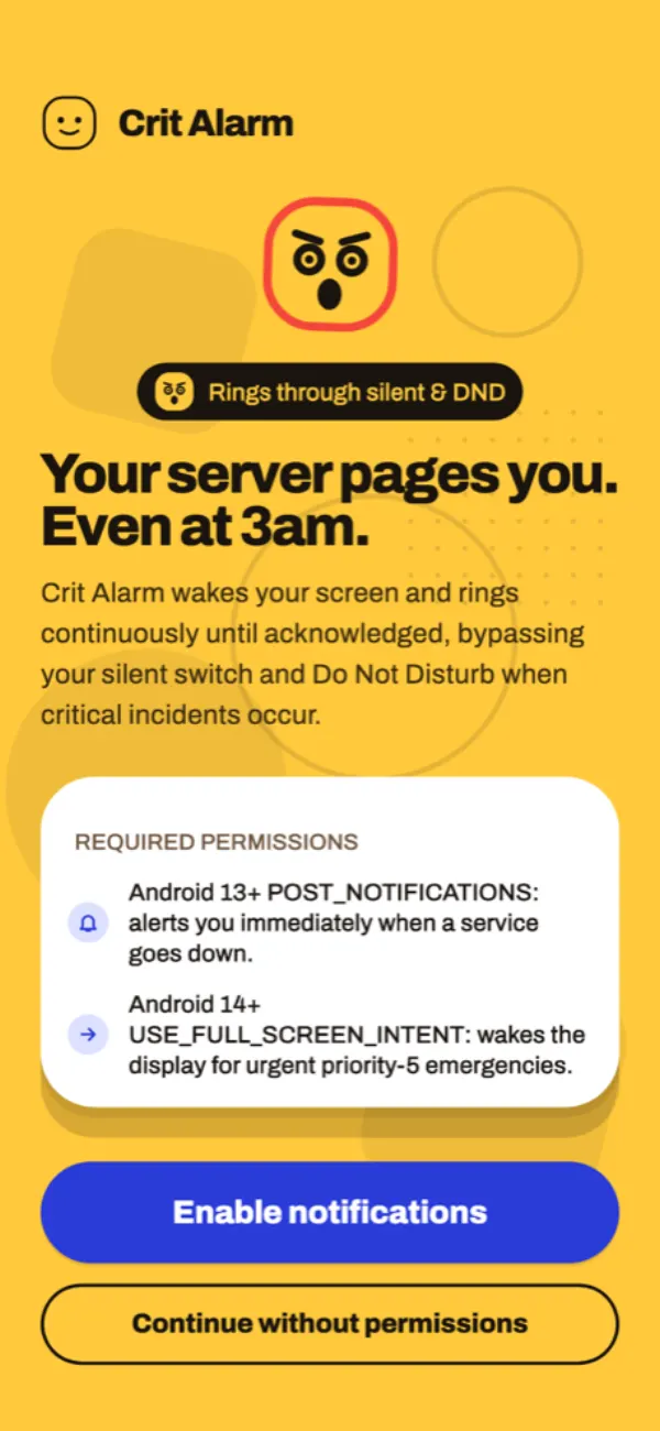 The Crit Alarm welcome screen