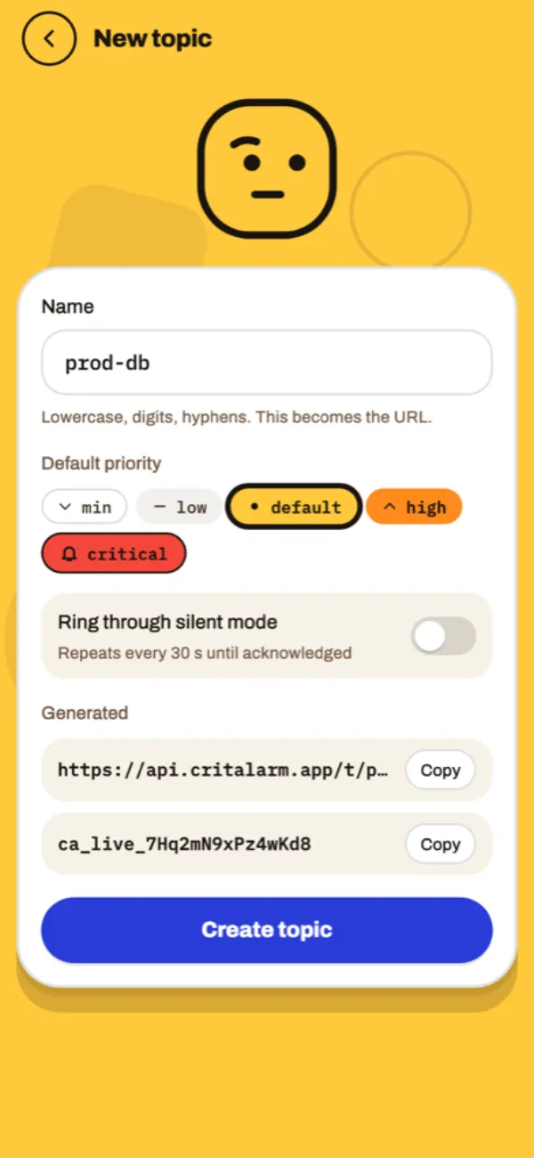 The create topic screen with a name and a default priority